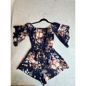SHEIN Floral Print Romper Off Shoulder Navy Blue Pink White Short‎ Sleeve Size L